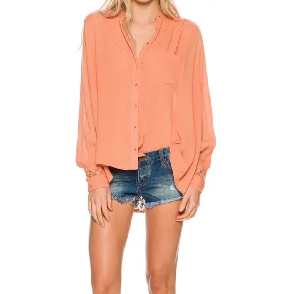Free People Orange Button Down Crochet Back Gauze